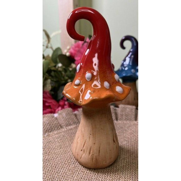 Whimsical Ceramic Mushroom Garden Decor Ceramic Pottery Orange Red Mushr… - Picture 1 of 5